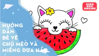 Cách vẽ và tô màu chú mèo với miếng dưa hấu